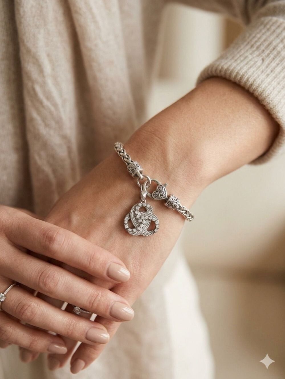 Silver Tone Celtic Knot Charm Bracelet Rhinestone Triskelion Heart Clasp